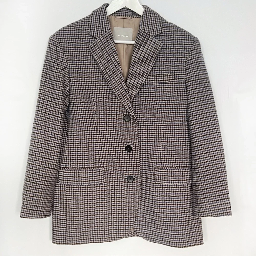 Everlane 80s Oversized Blazer Wool Houndstooth Brown Blue Size 2 NWOT - Picture 5 of 12